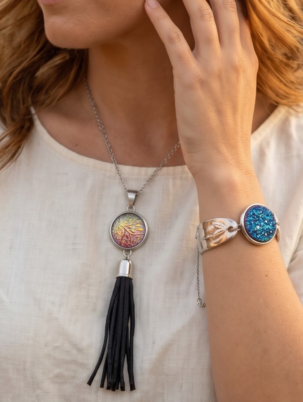 Handmade Spoon Bracelet & Tassel Necklace Set Boho Whimsigoth Snap Jewelry